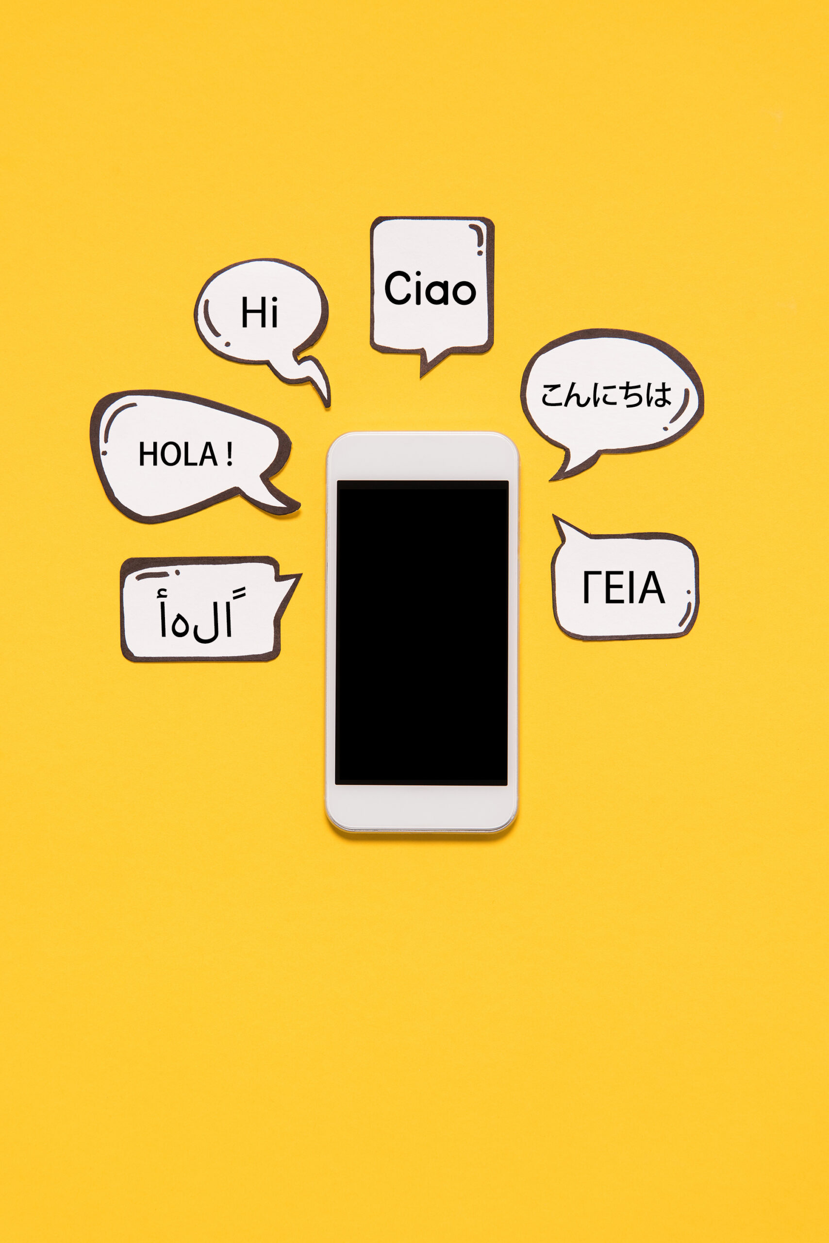 Cellulare con su scritto ciao in lingue diverse